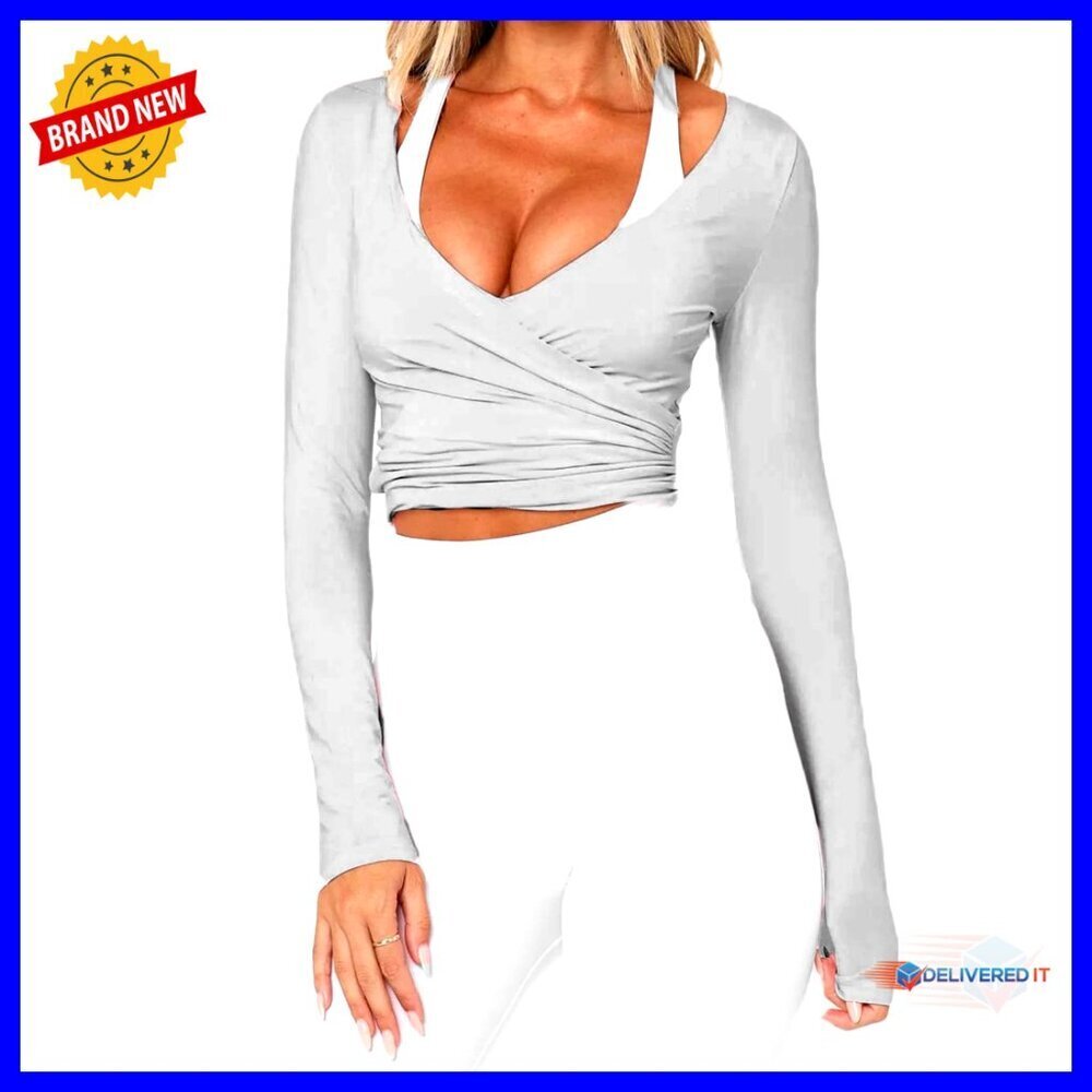 Long Sleeve Wrap Top Crop Slim Fit V-Neck Yoga Pilates Blouse